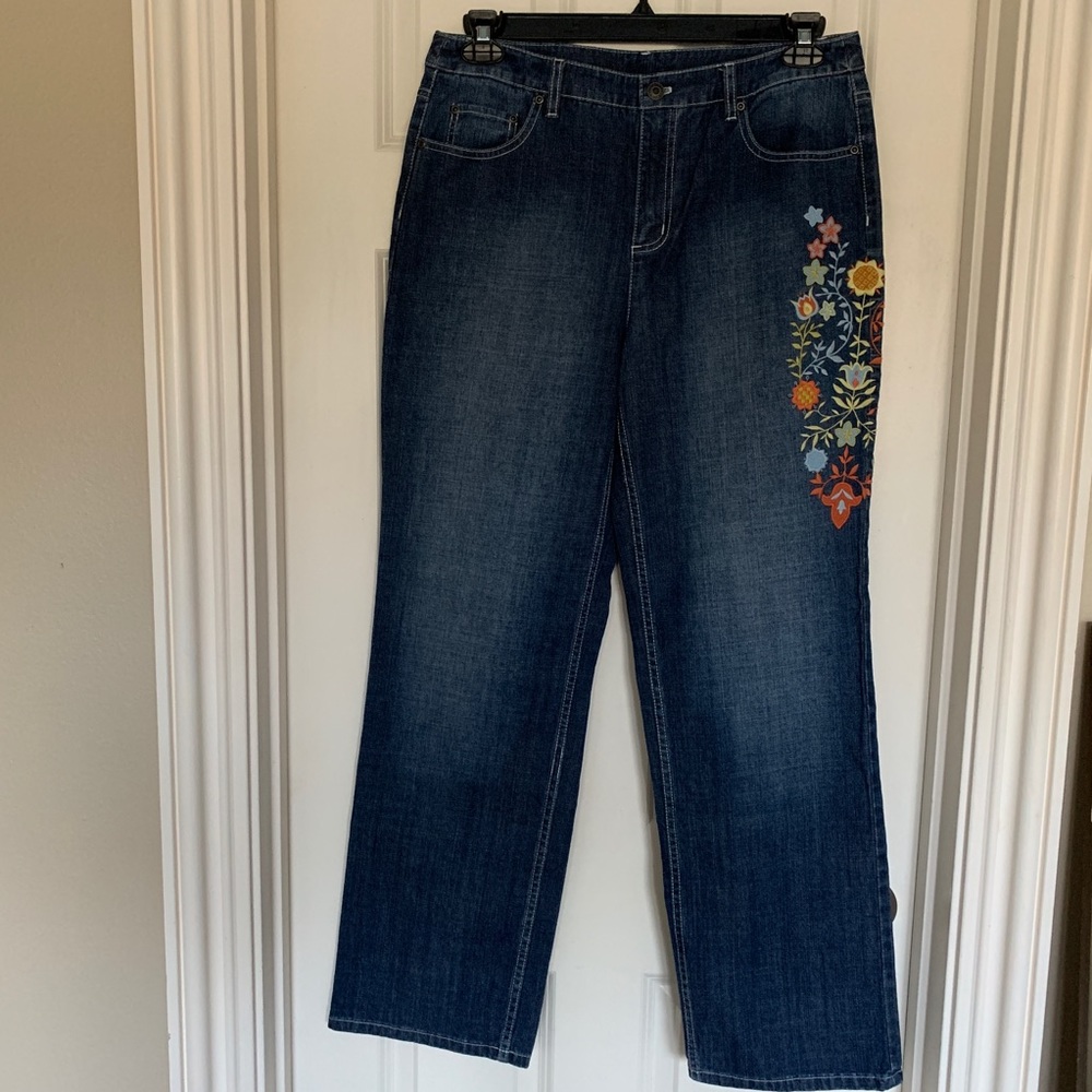 Talbots Stretch Sz 12 Blue Jean Floral Embroidery